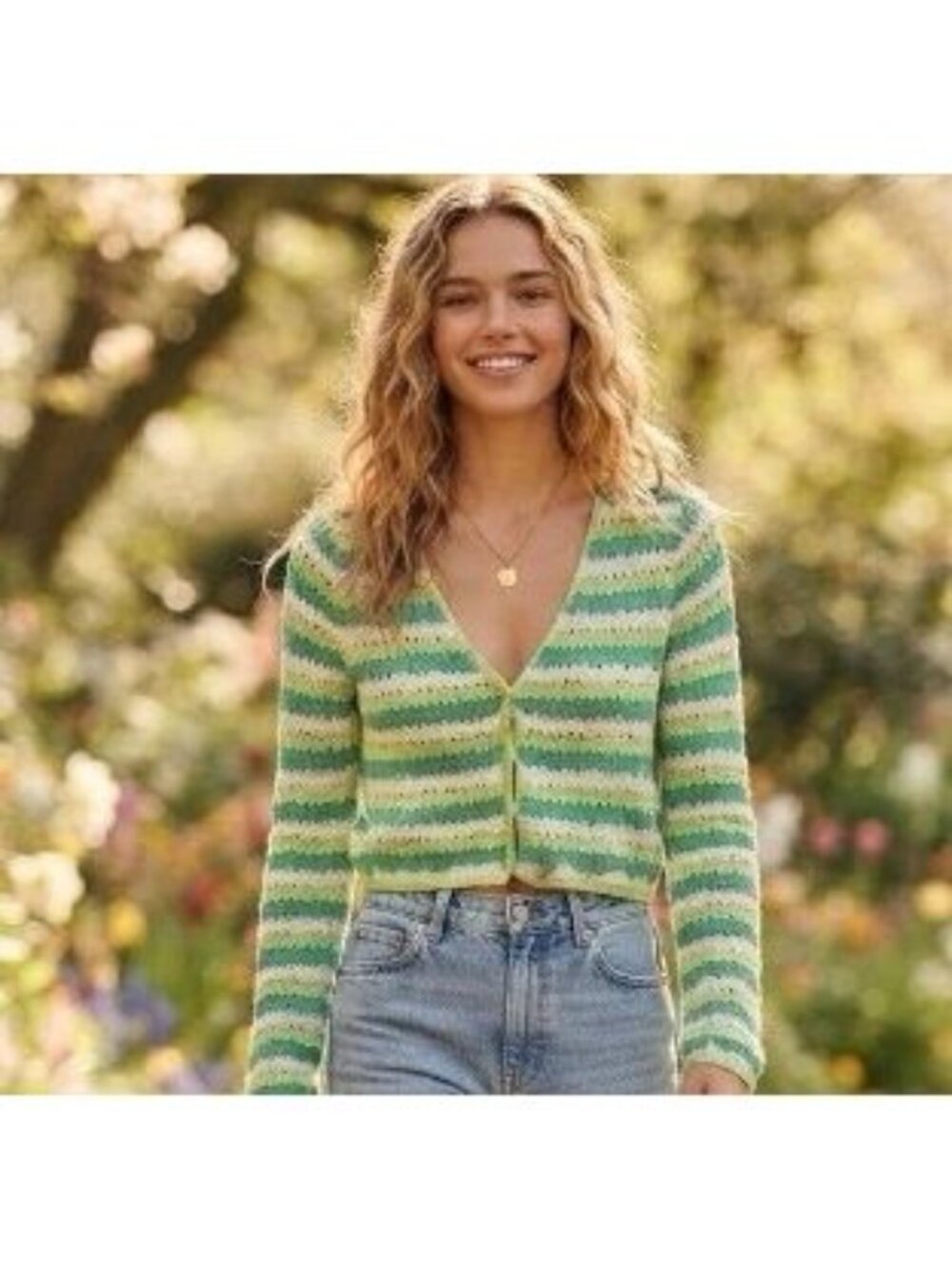 Zara sz S Crochet Cropped Green Ivory Striped Blanket Cardigan Sweater Womens